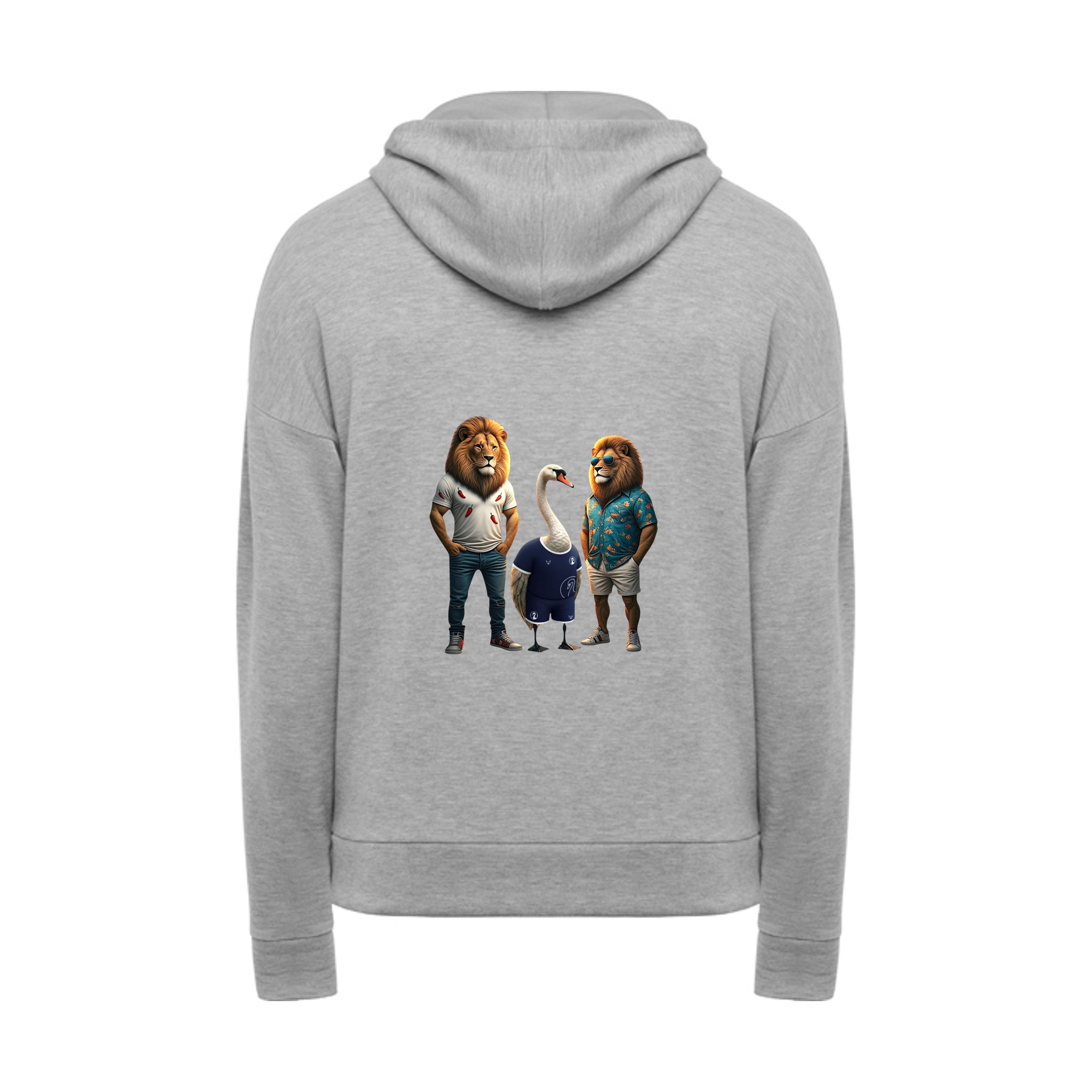 Rückansicht vom grauen Hoodie mit drei comicartigen Tieren, zwei Löwen und einem Schwan