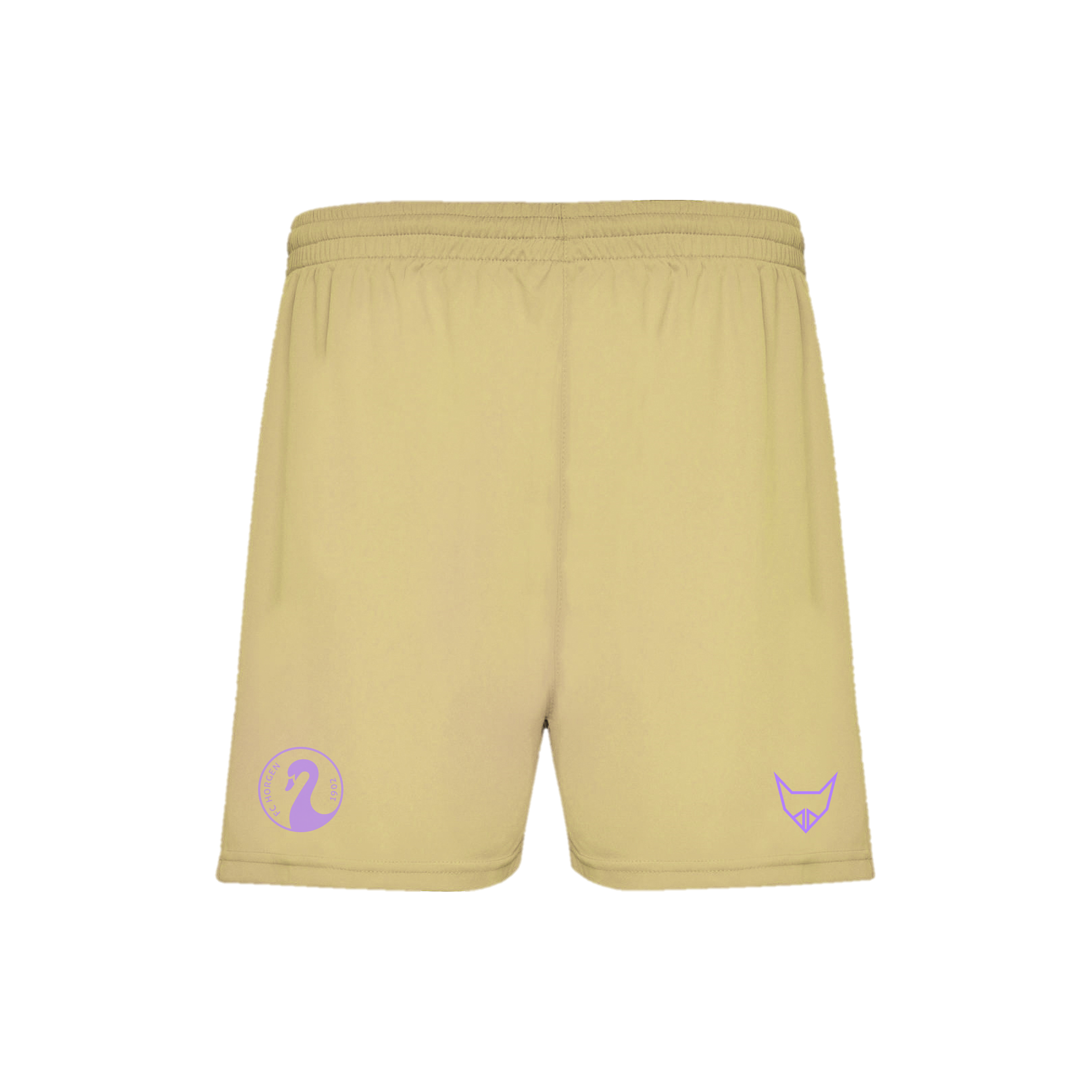 Beige Shorts mit lilafarbenen Logos auf jeder Seite